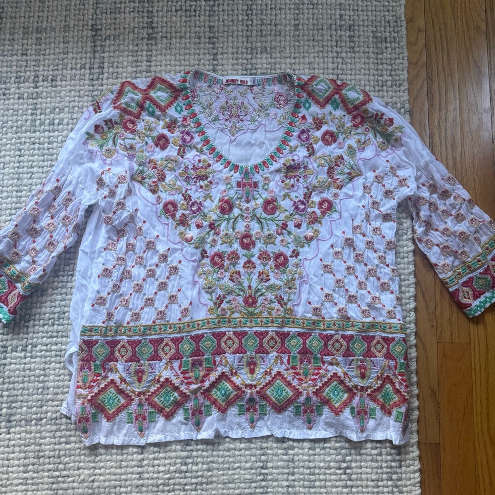 Johnny Was White Red Pink Embroidered 3/4 Sleeve Blouse Small